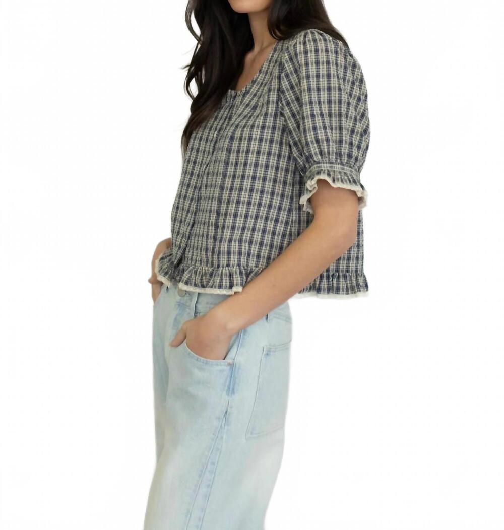 NEW THINGS BETWEEN colleen ruffle trim plaid blouse in navy